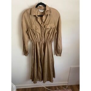 Frances Henaghan Vintage 100% Silk Shirt Dress Tan‎ Midi Elastic Waist Sz 10